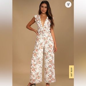 Lulus Bound to Blossom White Floral Print Tie-Back Wide-Leg Jumpsuit